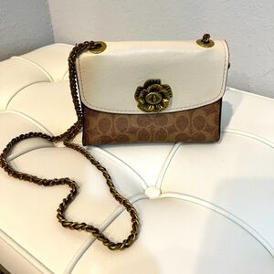 Authentic Coach Shoulder Bag With Flower Clasp and Chain Strap